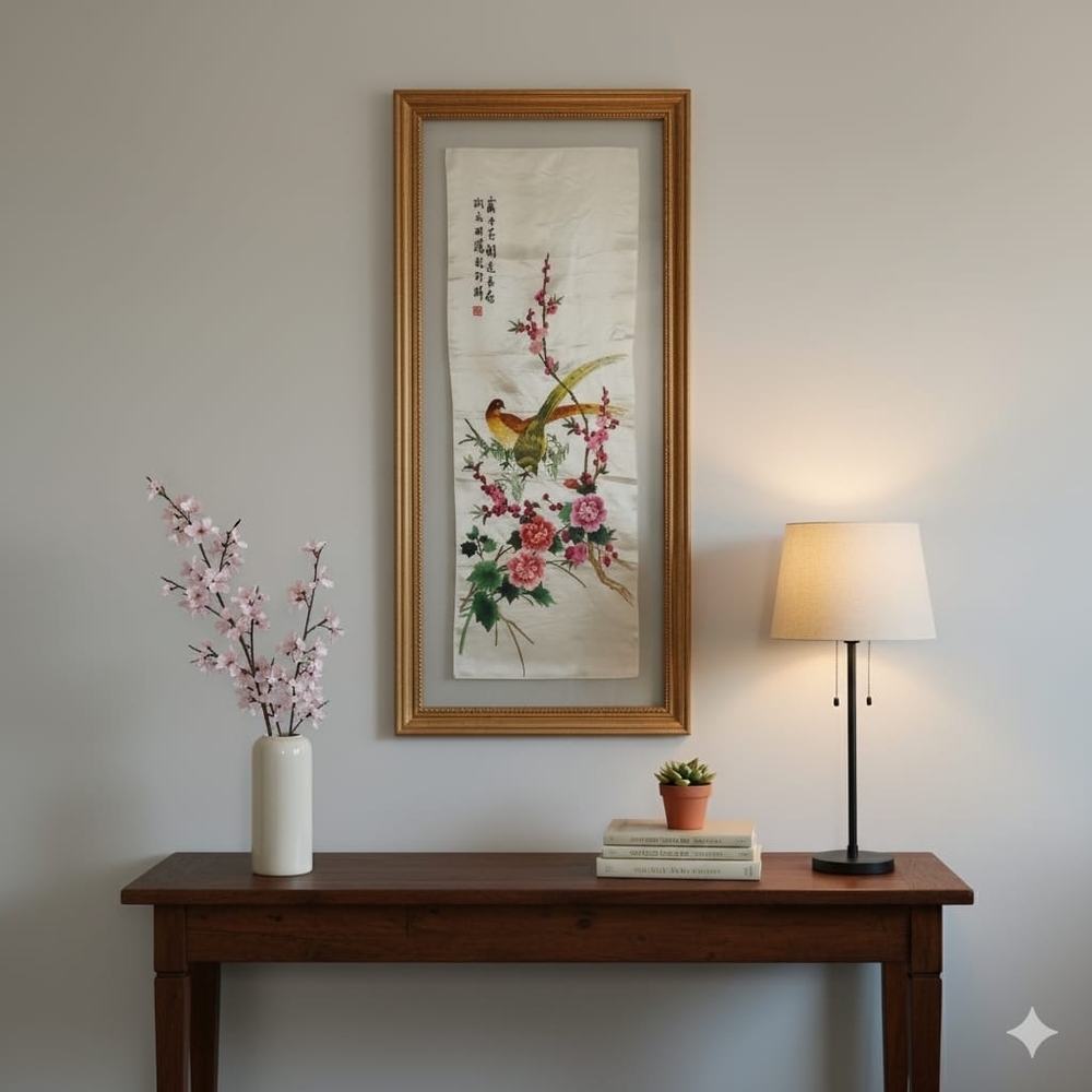 Vintage Suzhou Silk Embroidery: Golden Pheasant & Blossoms, Chinese Textile Art